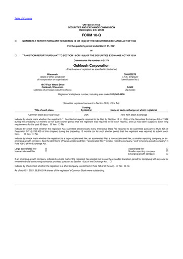Thumbnail Oshkosh Corporation
 10-Q Quarterly Report FY2021 