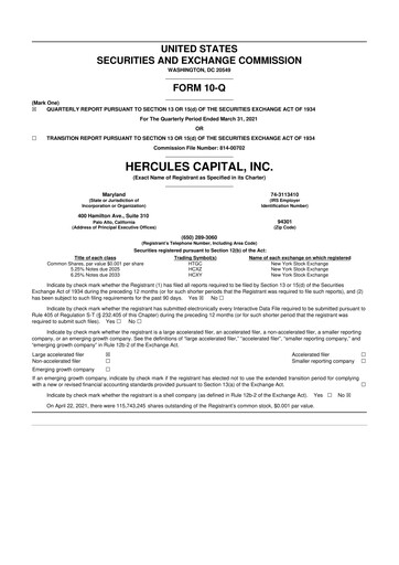 Thumbnail Hercules Capital
 10-Q Quarterly Report FY 