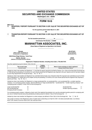 Thumbnail Manhattan Associates
 10-Q Quarterly Report FY2021 