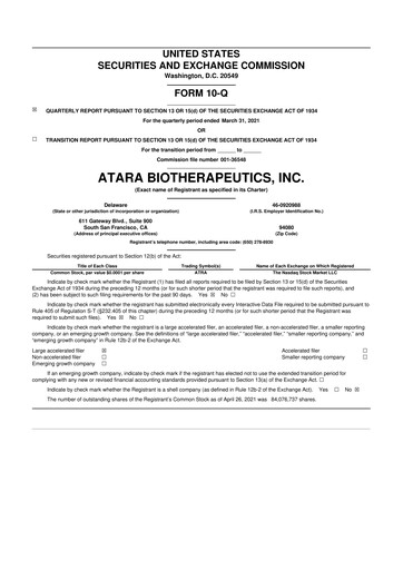 Miniature Atara Biotherapeutics 10-Q Rapport trimestriel  