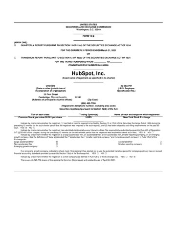 Thumbnail HubSpot 10-Q Quarterly Report FY2021 