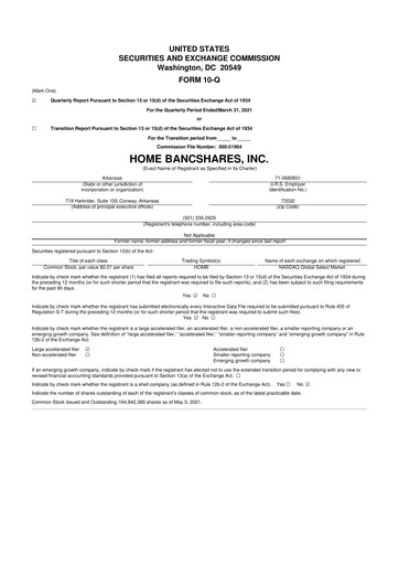 Thumbnail Home BancShares
 10-Q Quarterly Report FY2021 