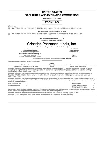 Thumbnail Crinetics Pharmaceuticals 10-Q Quarterly Report FY 