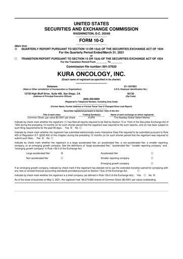 Miniature Kura Oncology
 10-Q Rapport trimestriel 2021 