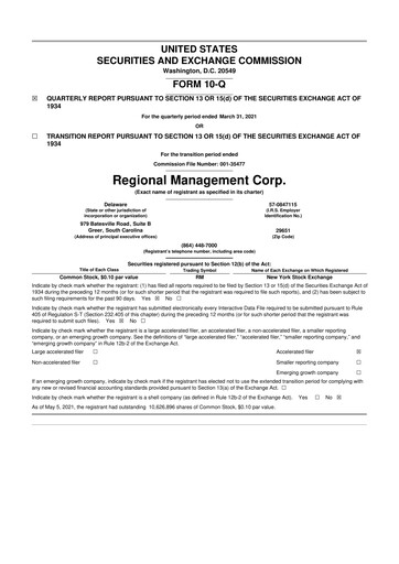 Thumbnail Regional Management Corp.
 10-Q Quarterly Report FY 