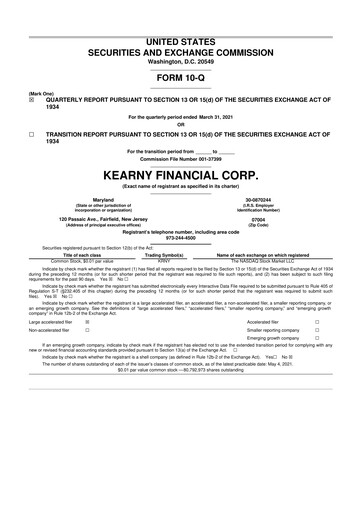 Miniature Kearny Financial
 10-Q Rapport trimestriel 2021 