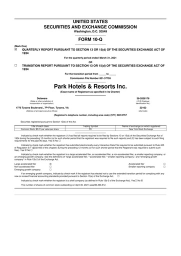 Thumbnail Park Hotels & Resorts

 10-Q Quarterly Report FY2021 