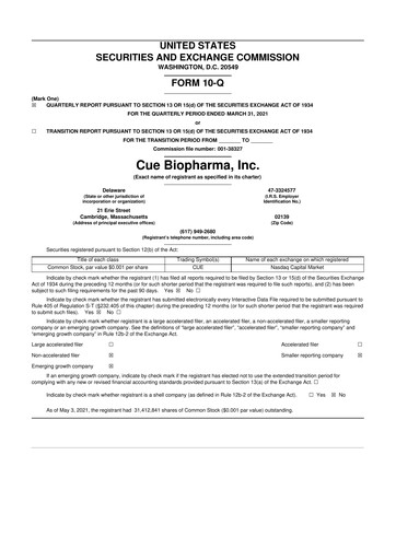 Vorschaubild Cue Biopharma 10-Q Quartalsbericht 2021 