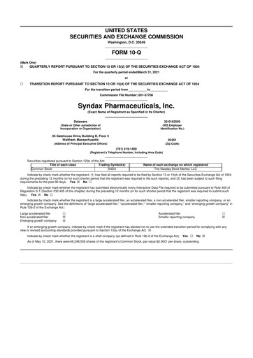 Thumbnail Syndax Pharmaceuticals 10-Q Quarterly Report FY 