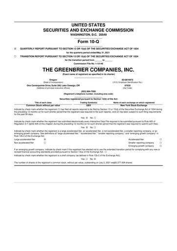 Thumbnail The Greenbrier Companies
 10-Q Quarterly Report FY2021 