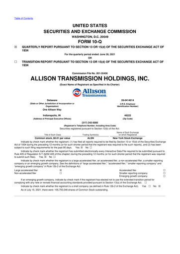 Thumbnail Allison Transmission
 10-Q Quarterly Report FY2021 