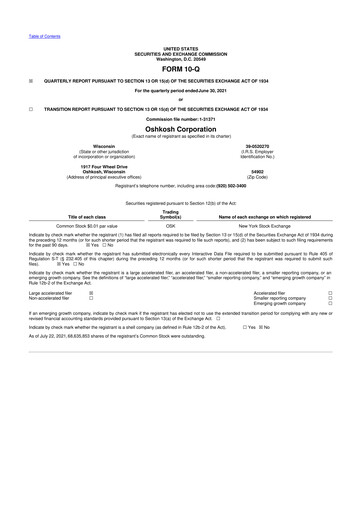 Thumbnail Oshkosh Corporation
 10-Q Quarterly Report FY2021 
