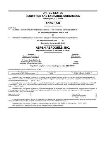 Miniature Aspen Aerogels 10-Q Rapport trimestriel 2021 