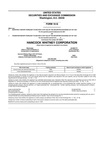 Thumbnail Hancock Whitney 10-Q Quarterly Report FY2021 