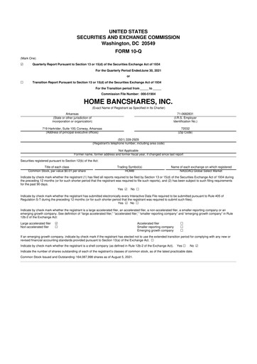 Thumbnail Home BancShares
 10-Q Quarterly Report FY2021 