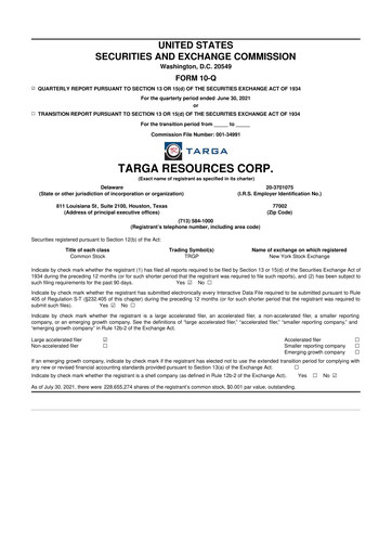 Thumbnail Targa Resources
 10-Q Quarterly Report FY2021 
