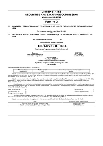 Miniature TripAdvisor 10-Q Rapport trimestriel 2021 
