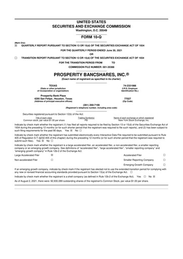 Thumbnail Prosperity Bancshares
 10-Q Quarterly Report FY2021 