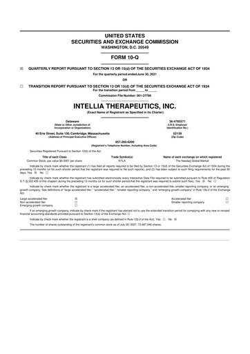 Miniature Intellia Therapeutics 10-Q Rapport trimestriel 2021 