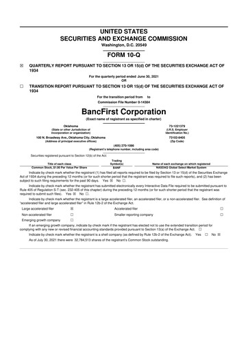 Thumbnail BancFirst 10-Q Quarterly Report FY 