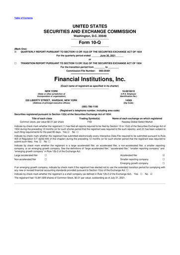 Thumbnail Financial Institutions 10-Q Quarterly Report FY 