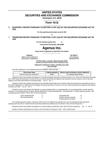 Thumbnail Agenus
 10-Q Quarterly Report FY2021 