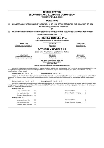 Miniature Sotherly Hotels 10-Q Rapport trimestriel  