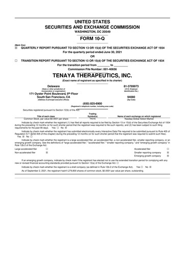 Miniature Tenaya Therapeutics 10-Q Rapport trimestriel 2021 