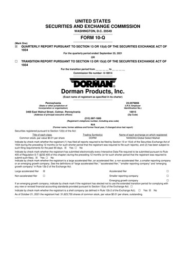 Thumbnail Dorman Products 10-Q Quarterly Report FY2021 
