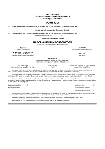 Thumbnail Kaiser Aluminum
 10-Q Quarterly Report FY2021 