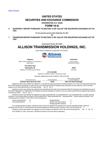 Thumbnail Allison Transmission
 10-Q Quarterly Report FY2021 