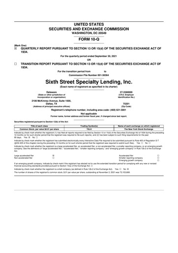Thumbnail Sixth Street Specialty Lending 10-Q Quarterly Report FY 