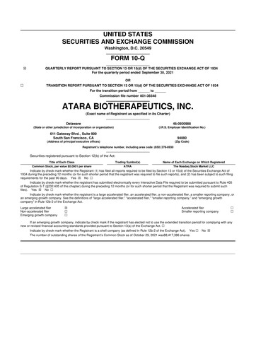 Miniature Atara Biotherapeutics 10-Q Rapport trimestriel  