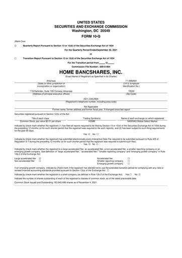 Thumbnail Home BancShares
 10-Q Quarterly Report FY2021 