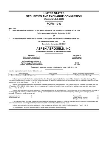 Miniature Aspen Aerogels 10-Q Rapport trimestriel 2021 