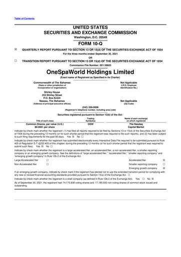 Thumbnail OneSpaWorld 10-Q Quarterly Report FY2021 