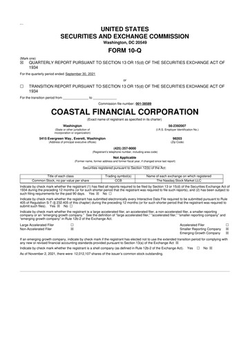 Thumbnail Coastal Financial Corporation 10-Q Quarterly Report FY2021 
