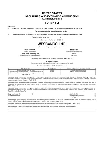 Thumbnail WesBanco 10-Q Quarterly Report FY 
