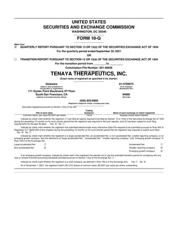 Miniature Tenaya Therapeutics 10-Q Rapport trimestriel 2021 
