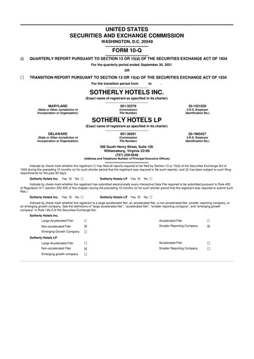 Miniature Sotherly Hotels 10-Q Rapport trimestriel  