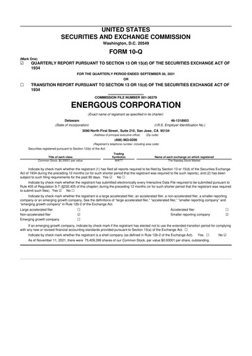 Miniature Energous 10-Q Rapport trimestriel 2021 