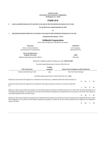 Thumbnail Oshkosh Corporation
 10-K Annual Report 2021