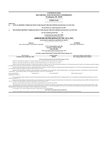 Thumbnail Arrowhead Pharmaceuticals
 10-K Annual Report 2021