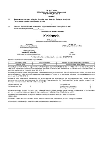 Thumbnail Kirkland's 10-Q Quarterly Report FY 