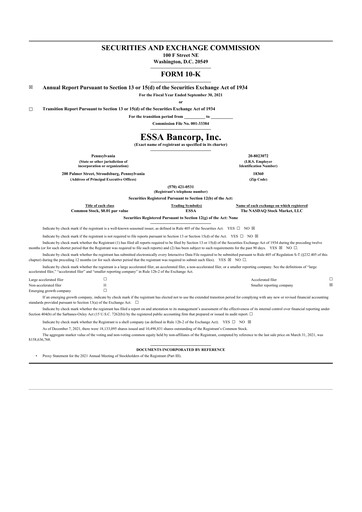 Thumbnail ESSA Bancorp 10-K Annual Report 2021