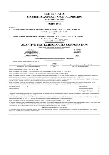 Miniature Adaptive Biotechnologies
 10-K Rapport annuel 2021