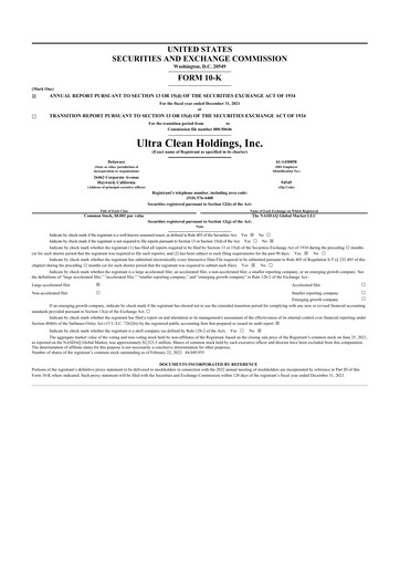 Thumbnail UCT (Ultra Clean Holdings) 10-K Annual Report 2020