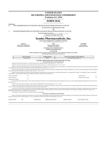 Thumbnail Syndax Pharmaceuticals 10-K Annual Report 2021