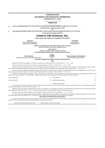 Thumbnail Achieve Life Sciences
 10-K Annual Report 2021