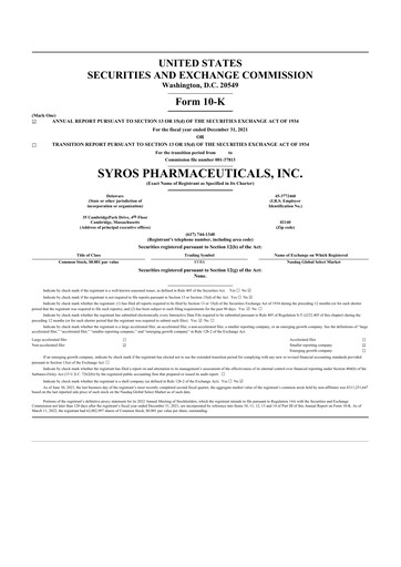 Thumbnail Syros Pharmaceuticals
 10-K Annual Report 2021